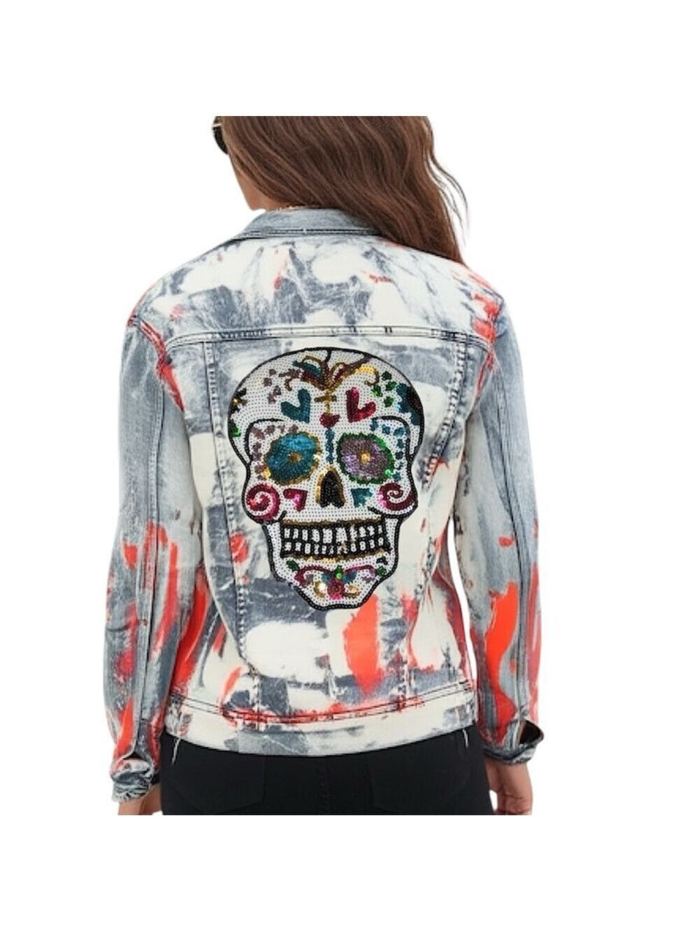 Your Adventure Oversized Sequin Sugar Skull Denim Jacket Customize with Travel! - Picture 3 of 7